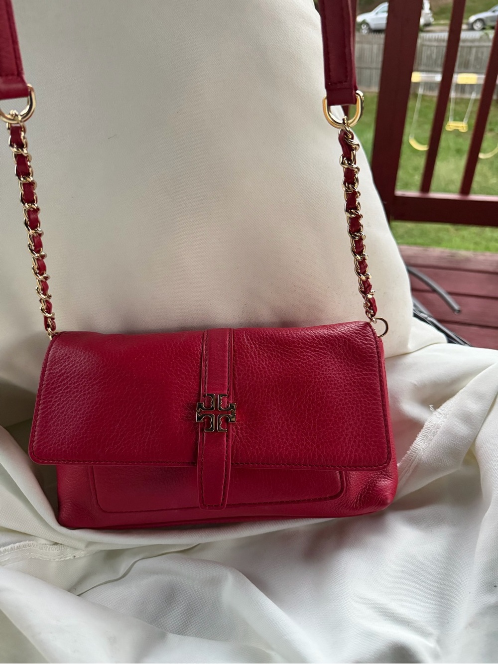 Tory Burch Red Leather Flap Crossbody with Gold Chain